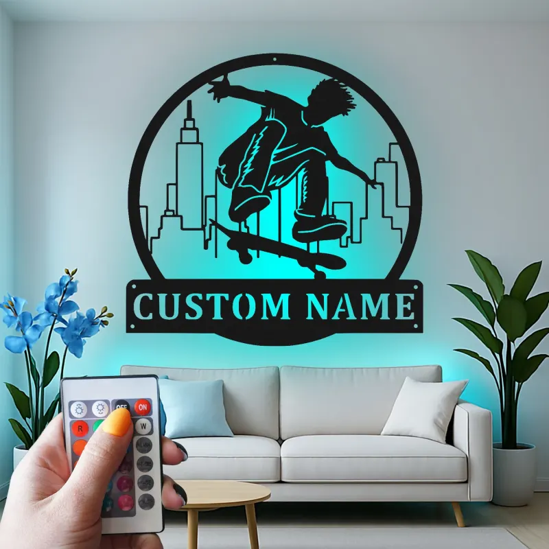 Insegna LED con nome per skateboarder | Arte da parete in metallo personalizzata per camera dei ragazzi | Decorazione urbana per skater personalizzata | Regalo per figlio