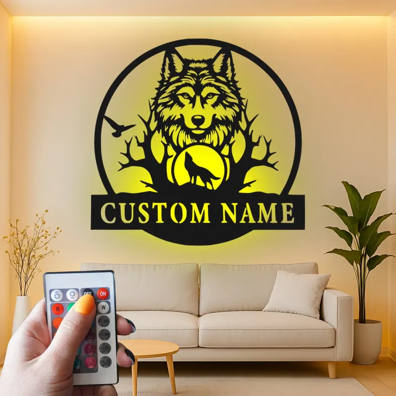 Cartel de metal LED de lobo personalizado regalo de vida salvaje para amantes de la naturaleza decoración de sala de estar rústica