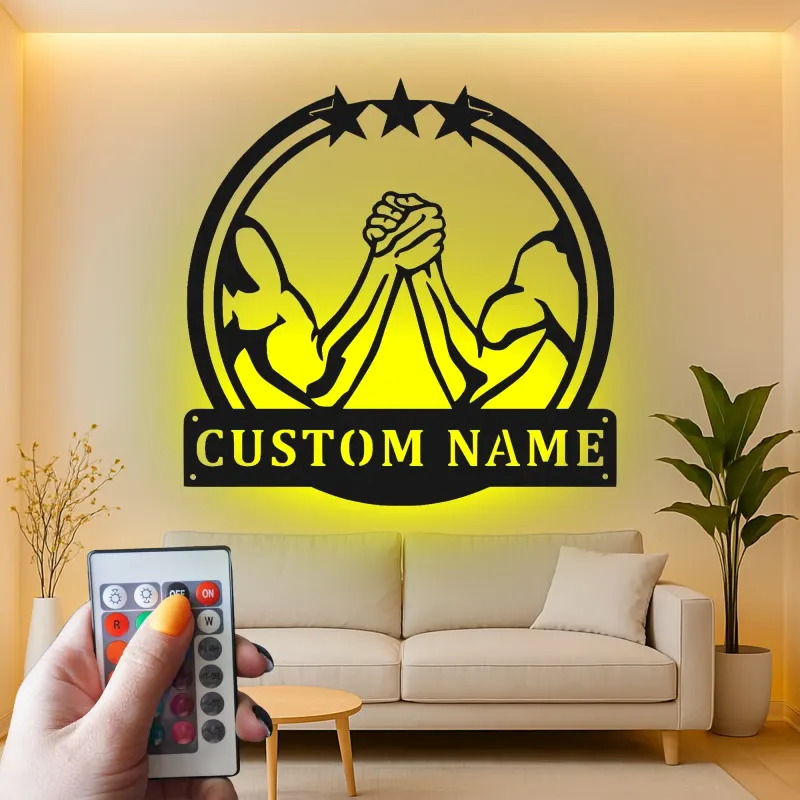 Custom Arm Wrestling Led Light Metal Wall Art Personalized Gift for Him Man Cave Decor