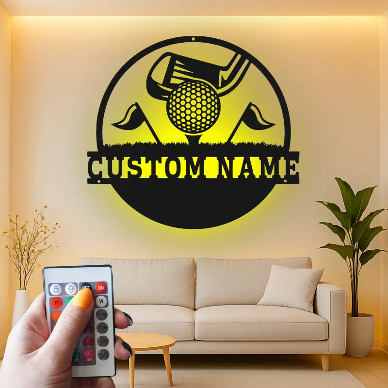 Panneau prénom de golf sur mesure avec lumières LED | Décoration murale en métal personnalisée | Cadeau pour golfeur | Décor man cave et bar sportif