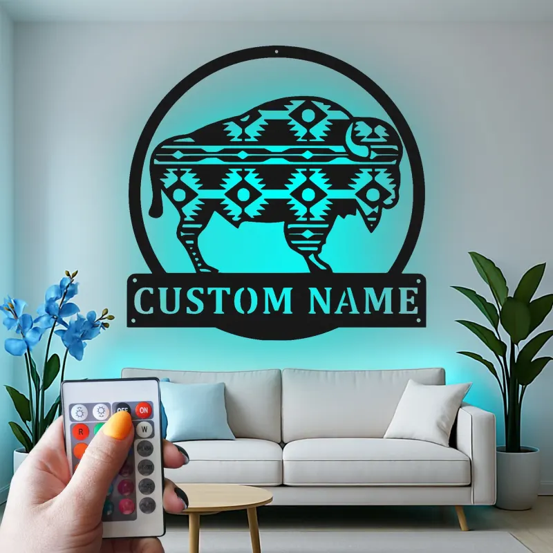 Insegna in metallo LED personalizzata con bufalo, regalo per amanti della natura, decorazione rustica per casa