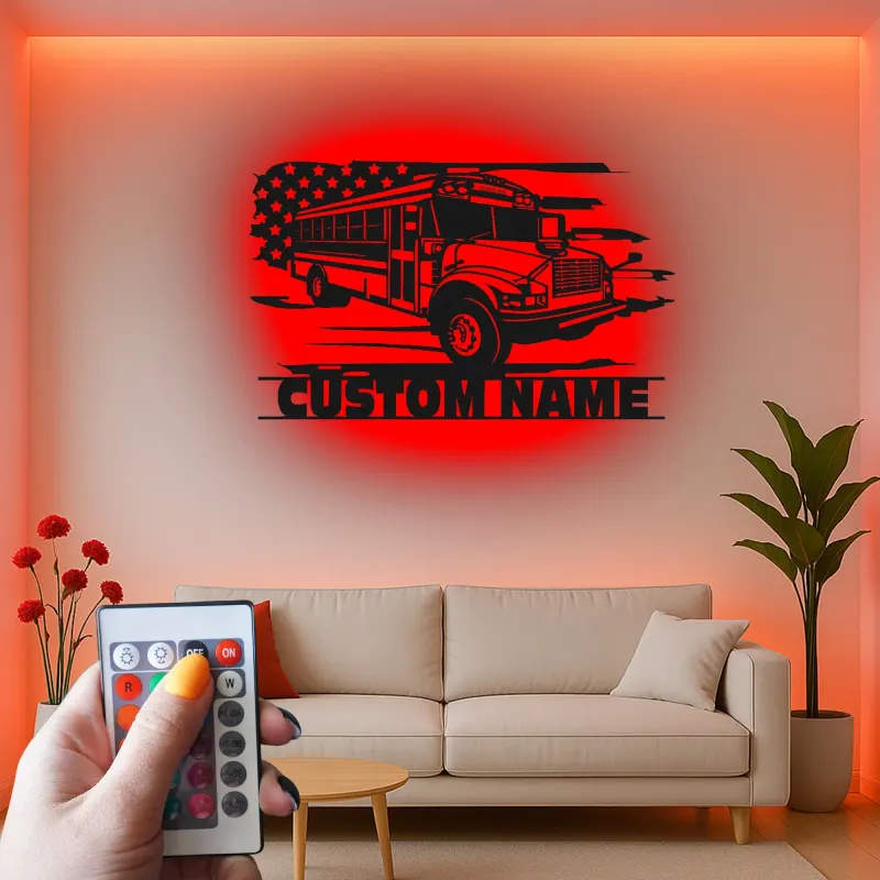 Custom School Bus LED Sign | Metal Wall Art | Personalized Driver Gift | Patriotic Classroom Decor