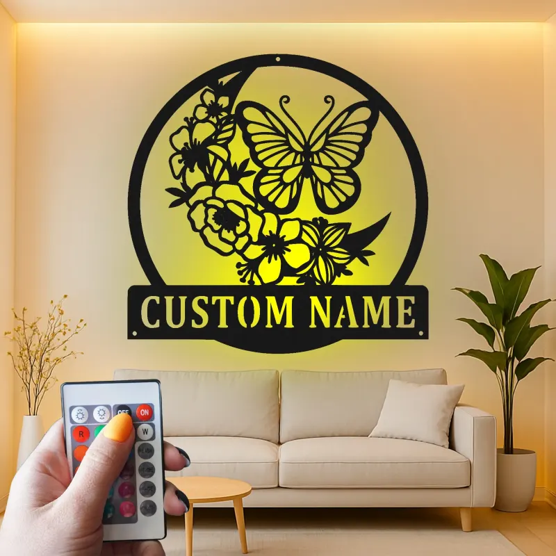 Décoration murale en métal personnalisée Papillon et Fleurs avec Rétroéclairage LED Cadeau pour Amateurs de Nature Décor de Chambre ou de Jardin