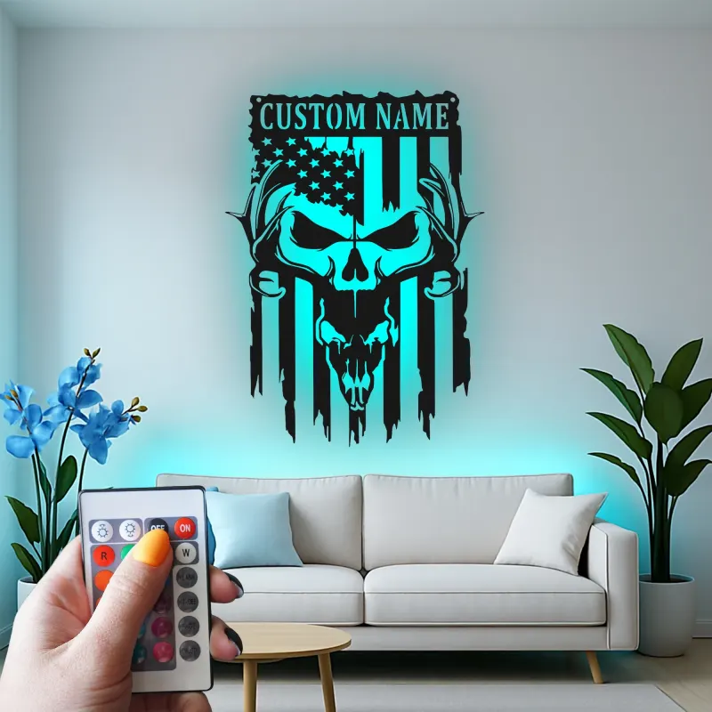 Insegna in metallo personalizzata con teschio di cervo e bandiera americana luce LED regalo per lui decorazione rustica per man cave
