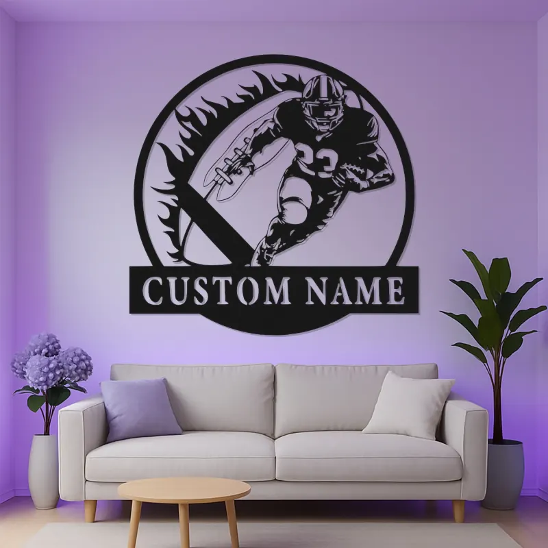Insegna LED personalizzata con football | Decorazione murale in metallo personalizzata per man cave, camera ragazzi | Regalo per atleta