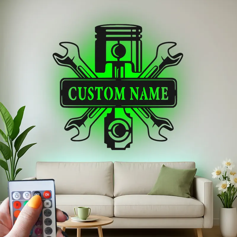 Personalized Mechanic Garage Sign | LED Metal Wall Art with Piston & Wrenches | Custom Automotive Decor for Car Enthusiasts