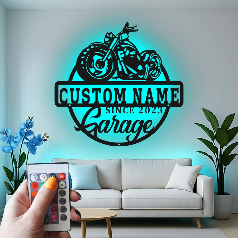 Personalized Motorcycle Metal Sign | LED Light Wall Art for Garage & Man Cave | Custom Biker Name Gift