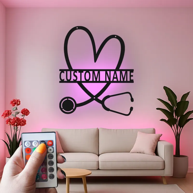 Personalisierte Stethoskop-Schild | LED Metall-Wandkunst für Arztpraxen | Individuelles Geschenk für Krankenschwestern | Klinik Wanddeko