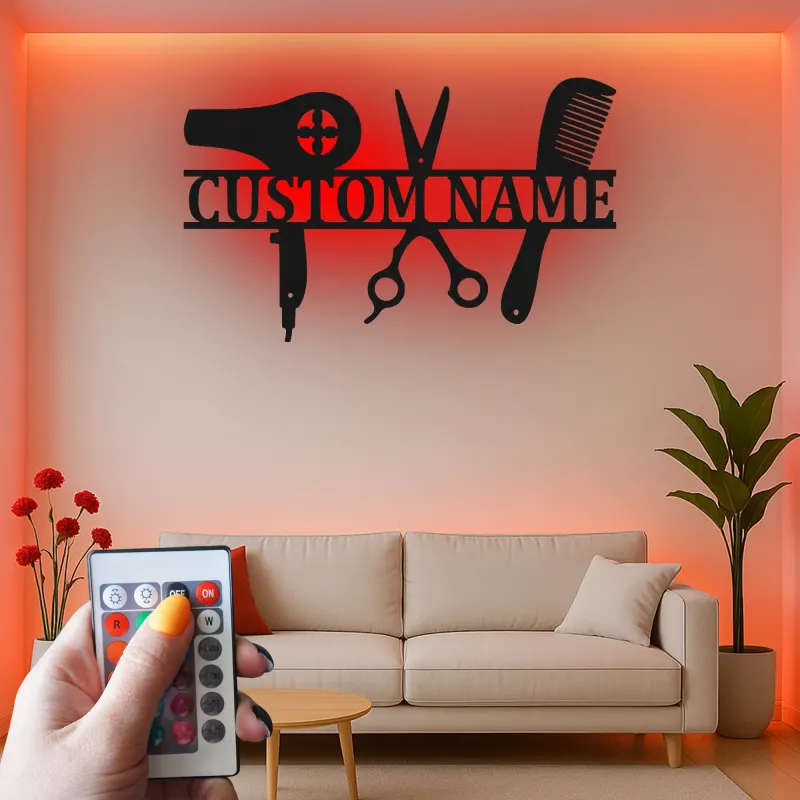 Enseigne LED pour coiffeur | Décor de salon en métal personnalisé avec nom | Cadeau personnalisé pour coiffeur et décoration murale pour studio beauté