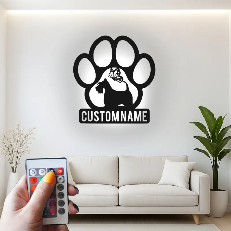 Décoration murale en métal personnalisée de patte de Scottish Terrier avec rétroéclairage LED - Cadeau pour les amoureux des chiens et décoration de salon