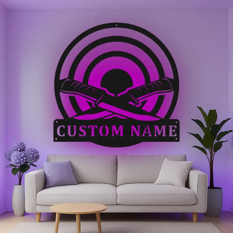 Custom Knife Target Led Light Metal Wall Art Personalized Gift for Knife Enthusiasts Man Cave Decor