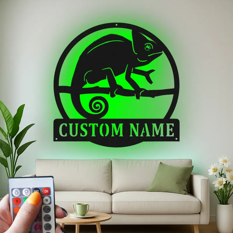 Cartel de metal LED personalizado de camaleón, regalo único para amantes de los reptiles, decoración de dormitorio o salón 1
