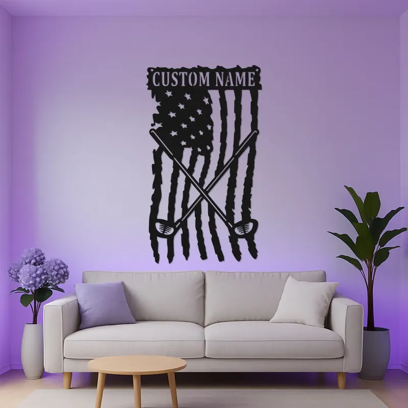Custom Golf American Flag LED Sign | Personalized Metal Wall Art | Golfer Name Decor for Man Cave & Office | Hand-Crafted Patriotic Gift