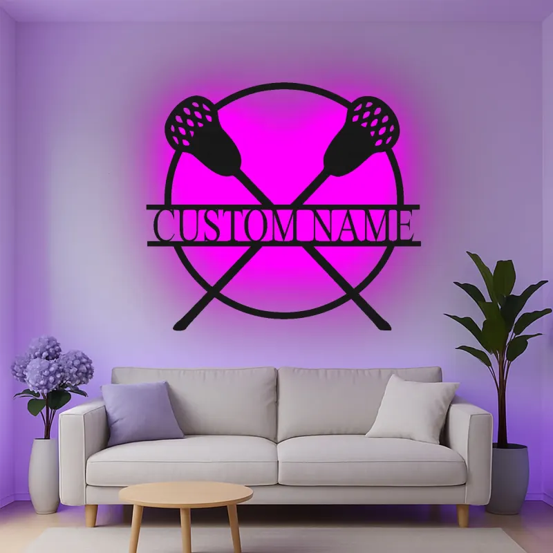 Custom Lacrosse Sticks Led Light Metal Wall Art Personalized Gift for Lacrosse Players Game Room Sports Decor