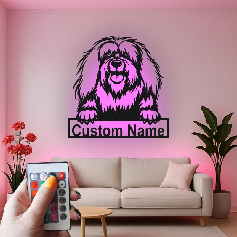Cartel de metal LED de perro peludo personalizado, regalo para amantes de las mascotas, decoración para salón para dueños de perros