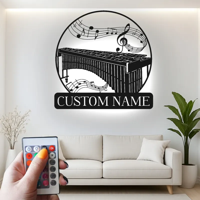 Arte in Metallo Personalizzata per Marimba | Decorazione per Stanza Musicale con Luce LED | Insegna con Nome Personalizzata per Studio