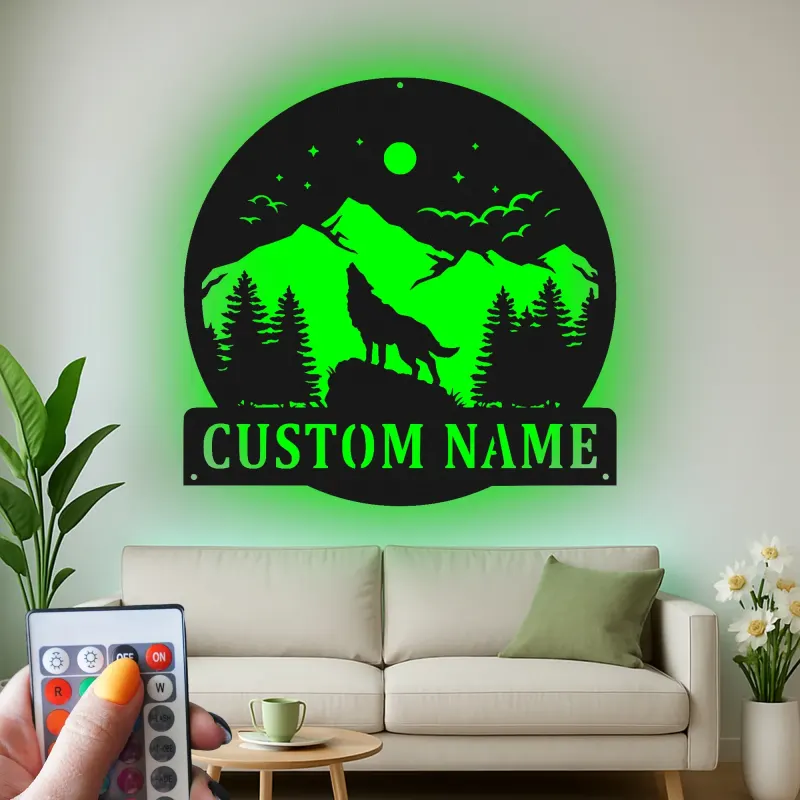 Custom Wolf Mountain Scene Led Light Metal Wall Art Personalized Gift for Nature Lovers Rustic Cabin Decor
