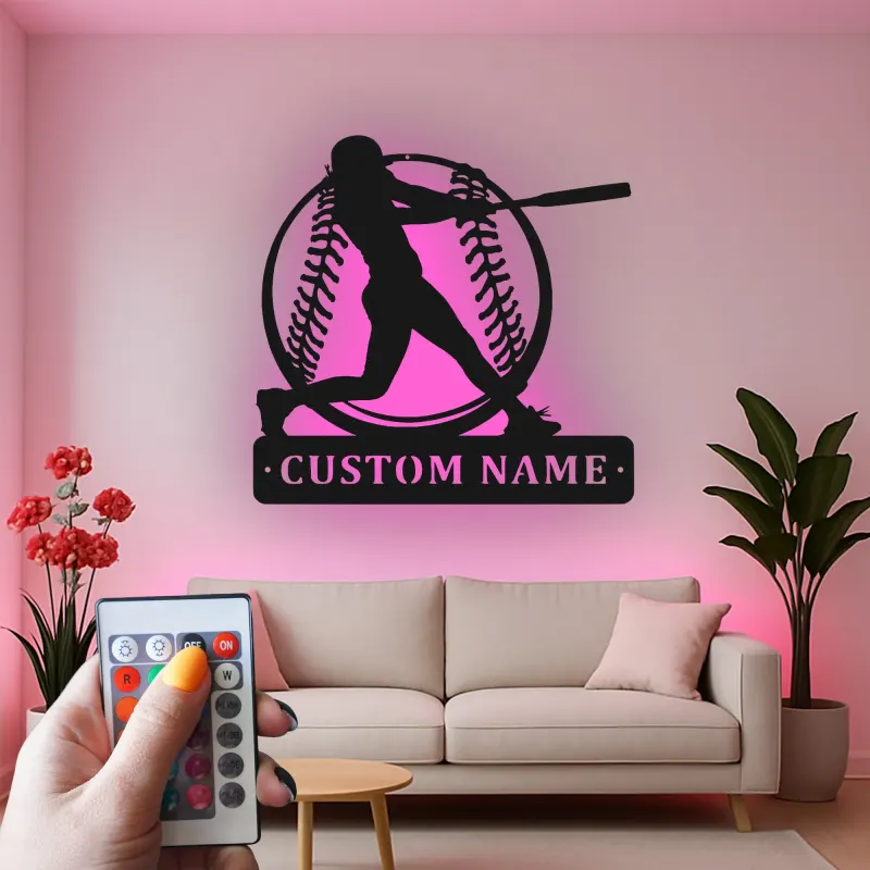 Insegna in metallo personalizzata con luce LED per giocatore di baseball - Regalo personalizzato per appassionati di sport e decorazione per sala giochi o camera da letto