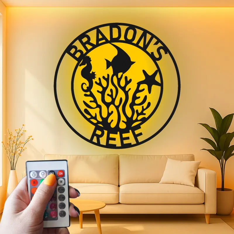 Cartel de arrecife personalizado con LED | Decoración mural de metal personalizada para casa de playa | Decoración náutica de vida marina | Regalo de caballito de mar y pez
