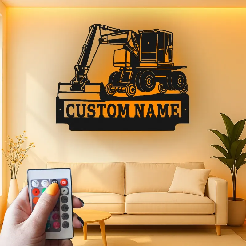 Personalisierte LED-Metall-Wandkunst mit Bagger-Motiv – Geschenk für Bauprofis, Garage oder Werkstatt 3