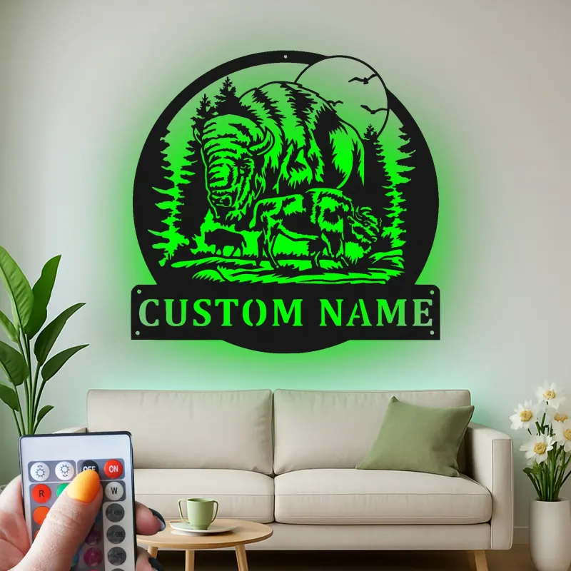 Insegna in metallo LED personalizzata con bisonte e famiglia - Regalo per amanti della natura - Decorazione rustica per cabin