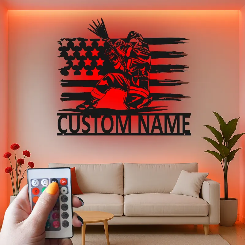Panneau LED personnalisé pour pompier | Décoration murale en métal personnalisée avec drapeau américain | Cadeau patriotique pour pompier | Décor de caserne