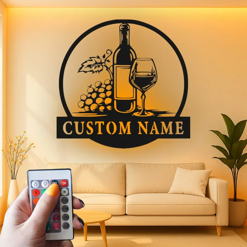 Insegna in metallo personalizzata per bottiglia di vino e bicchiere con luce LED - Regalo personalizzato per amanti del vino, decorazione per cucina o bar 1