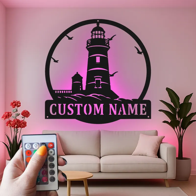 Décoration murale en métal personnalisée phare | Rétroéclairage LED | Décor nautique personnalisé pour maison de plage | Cadeau pour amoureux de l'océan
