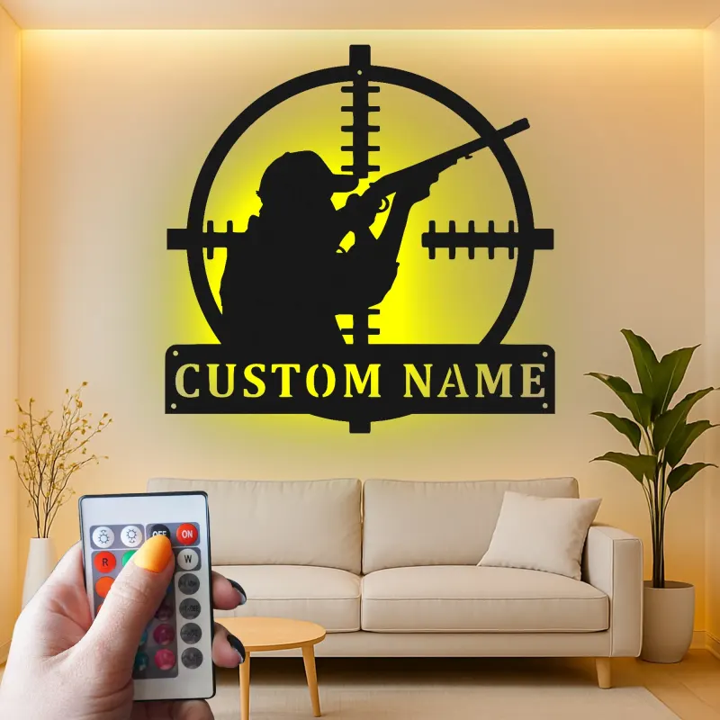 LED-Metallkunst mit Jägersilhouette | Personalisierte Schild für Zielfernrohre im Ferienhaus | Individuelles Geschenk für Jäger
