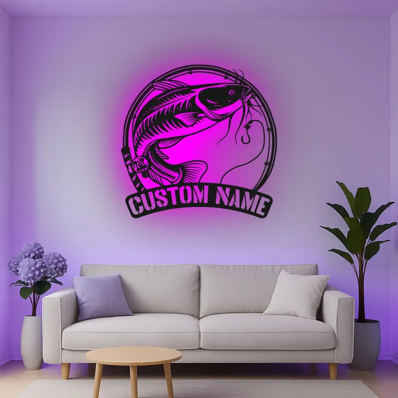 Custom Catfish Led Light Metal Wall Art Personalized Fishing Gift for Anglers Man Cave or Cabin Decor