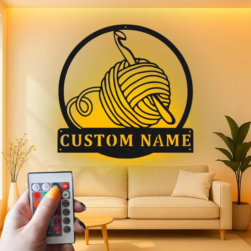 Custom Yarn and Crochet Hook Led Light Metal Wall Art Knitting Gift for Crafters Craft Room Decor