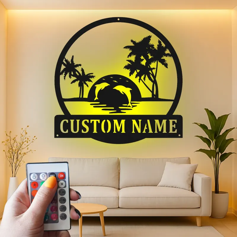 Custom Tropical Sunset with Dolphins Led Light Metal Wall Art Personalized Beach Lover Gift Coastal Living Room Decor