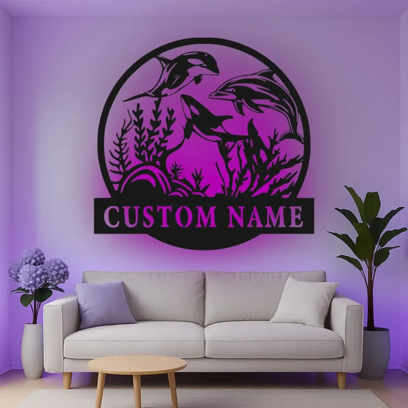 Insegna in metallo personalizzata con vita marina e luce LED regalo marino decorazione per casa costiera