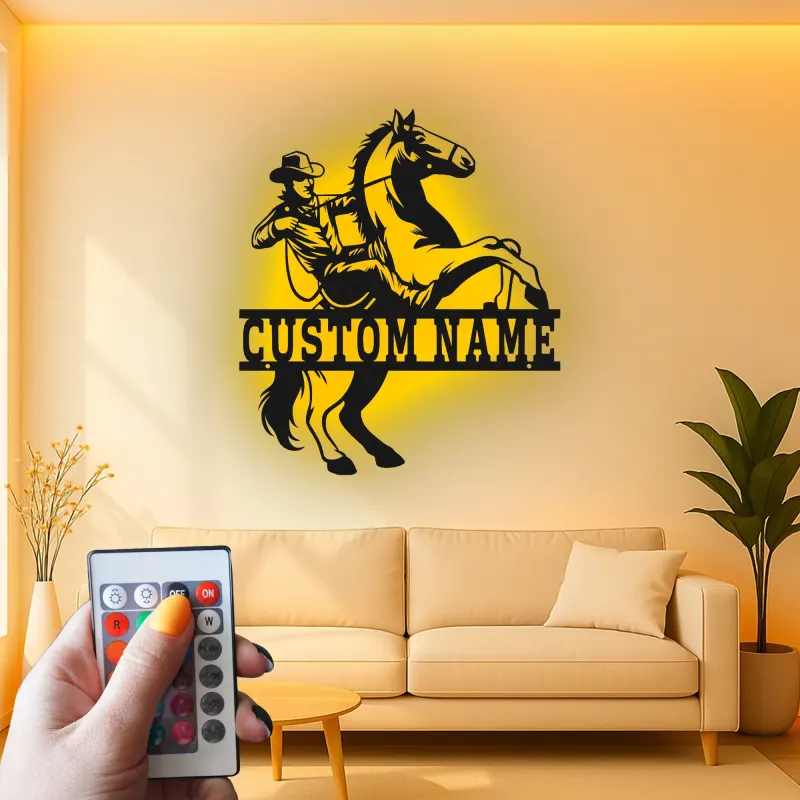 Insegna in metallo LED personalizzata con cowboy e cavallo - Regalo western per ranch o decorazione per man cave