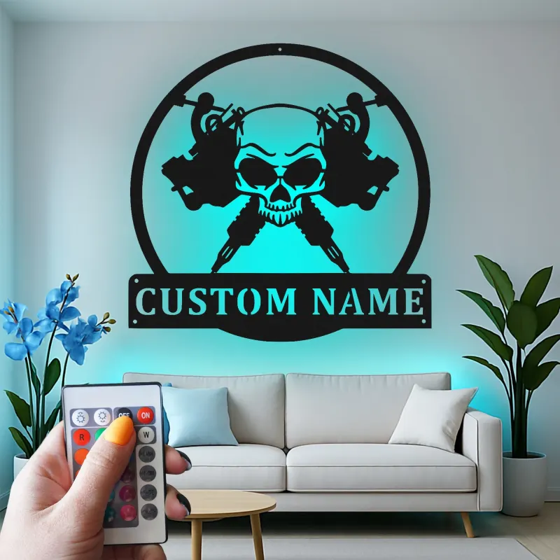 Cartel LED de estudio de tatuajes personalizado | Arte mural de calavera de metal personalizado | Regalo de placa de nombre para artistas de tatuajes