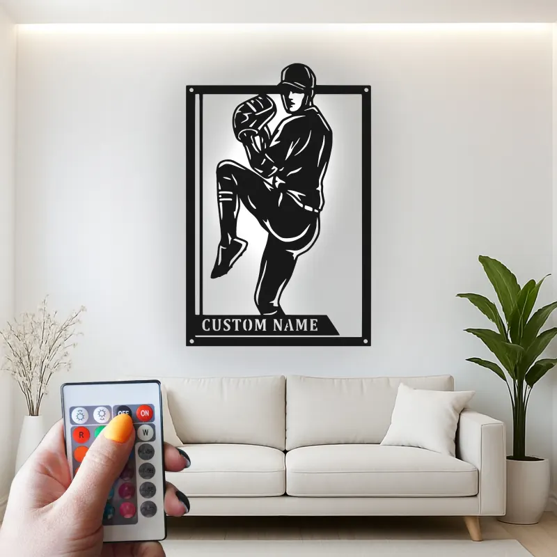 Insegna in metallo personalizzata con luce LED per lanciatore di baseball - Regalo sportivo personalizzato per atleti e decorazione per sala giochi