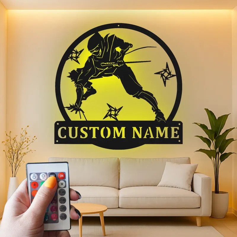 Cartel LED personalizado de ninja guerrero | Decoración mural de metal personalizada | Decoración de artes marciales para sala gamer y dojo