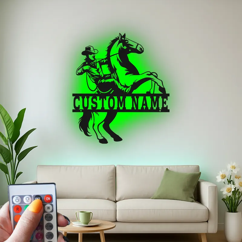 Insegna in metallo LED personalizzata con cowboy e cavallo - Regalo western per ranch o decorazione per man cave