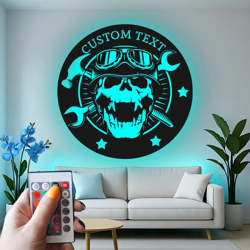 Individuelles Garagenschild mit LED | Personalisiertes Mechaniker Skull Metall Wandkunst | Vintage Biker Dekor für Werkstatt oder Man Cave