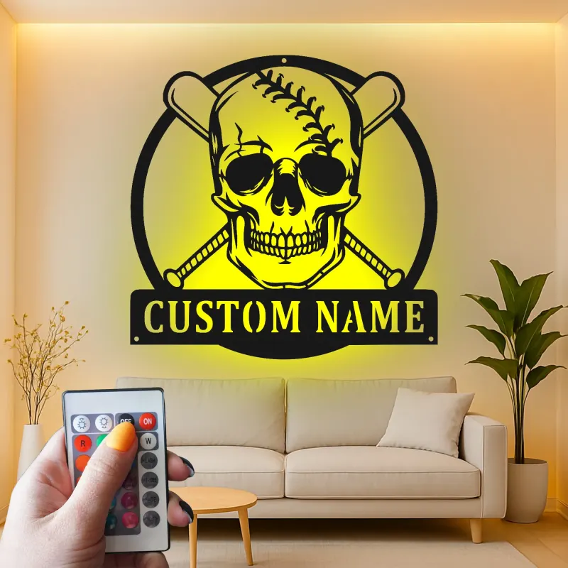 Cartel de metal personalizado de calavera de béisbol con luz LED, regalo único para aficionados al béisbol, decoración para sala de juegos