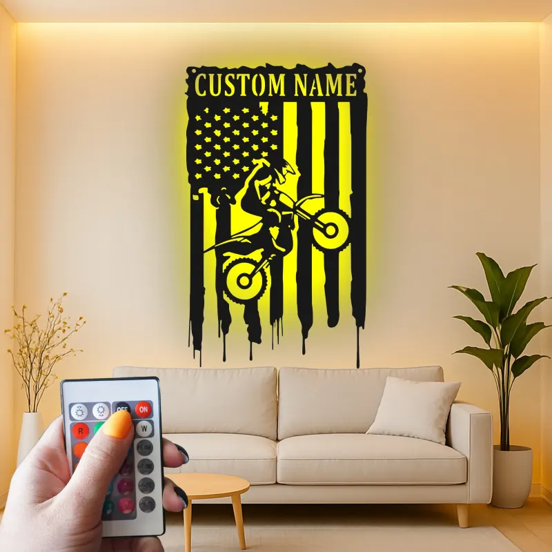 Personalized Motocross LED Sign | Custom Dirt Bike Metal Wall Art | American Flag Rider Gift for Man Cave & Garage Decor