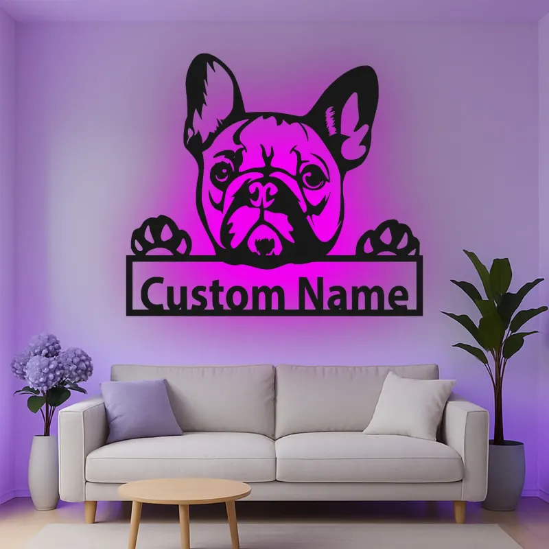 Cartel de metal LED de bulldog francés personalizado Regalo para amantes de los perros Decoración de sala de estar