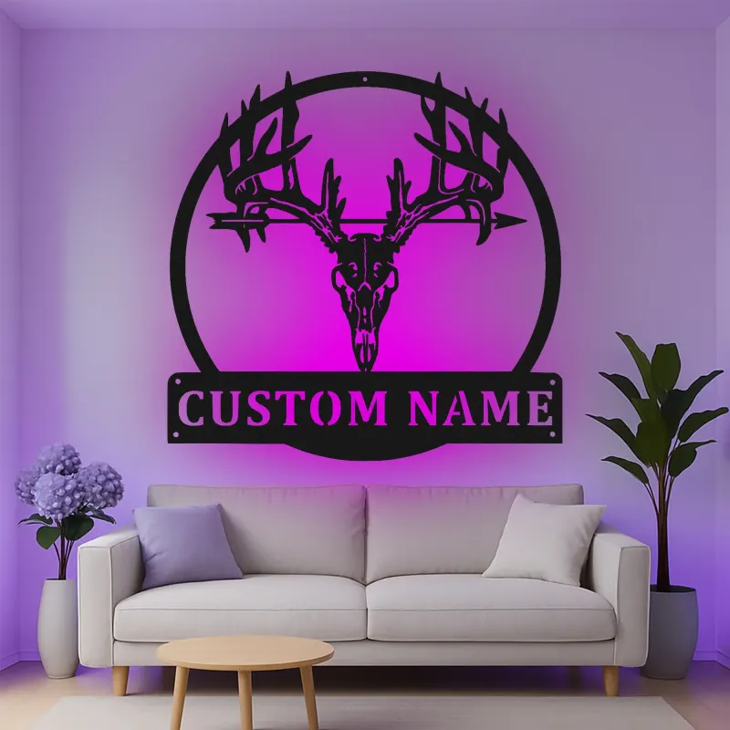 Insegna in metallo personalizzata con luce LED a forma di teschio di cervo regalo per cacciatori decorazione rustica per cabine