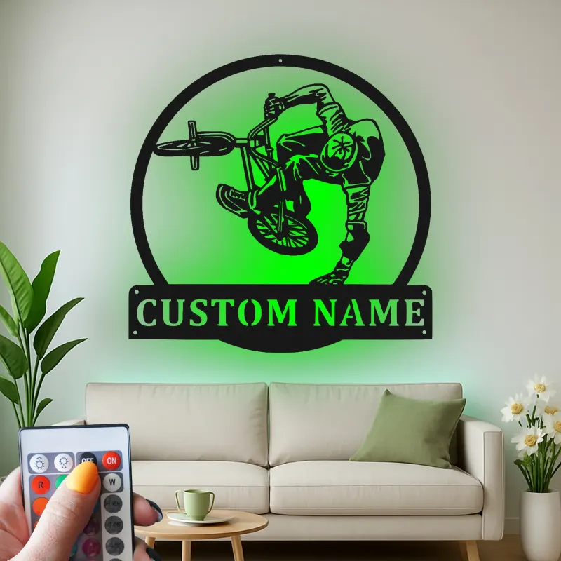 Personalisiertes BMX Radfahrer LED-beleuchtetes Metallschild Geschenk für BMX-Enthusiasten Teenager Schlafzimmer oder Spielzimmer Dekor