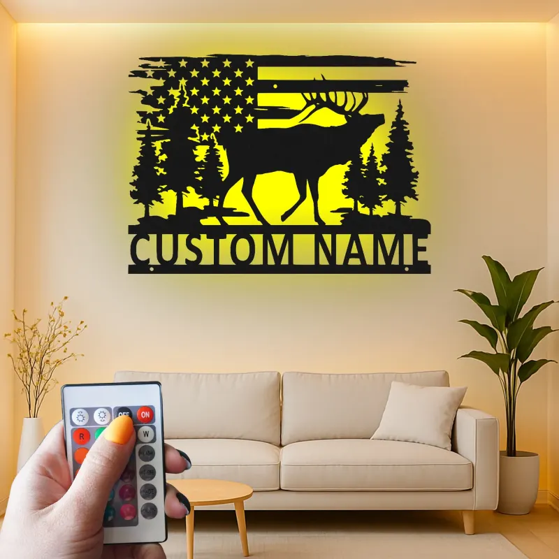 Insegna in metallo personalizzata con luce LED a forma di alce e bandiera americana, regalo per amanti della natura, decorazione per cabine rustiche
