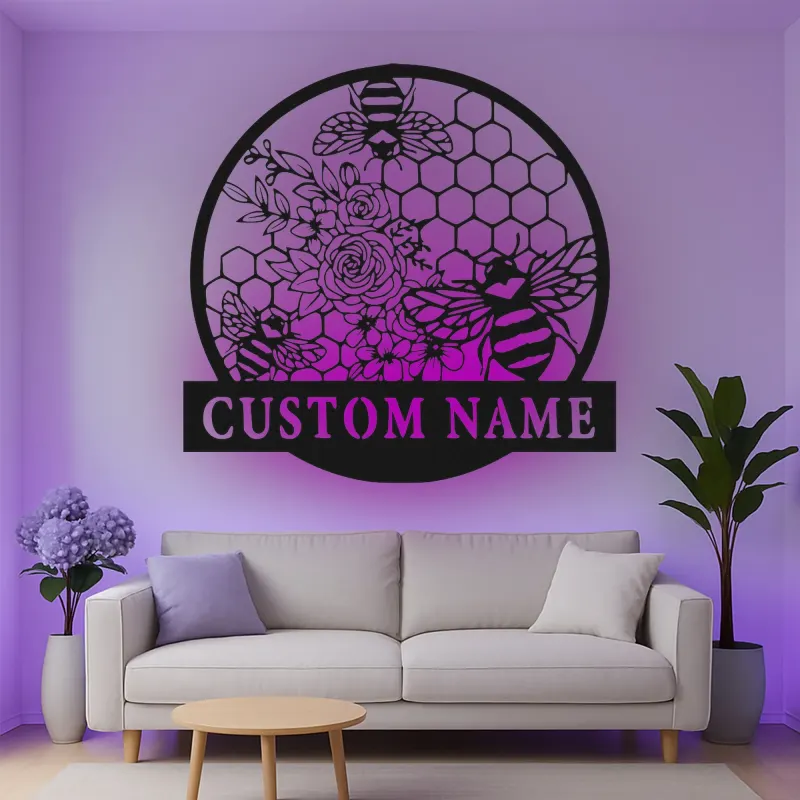 Personalisierte Bienen und Blumen LED Licht Metall-Wandkunst Geschenk für den Garten Natur-inspiriertes Wohnaccessoire