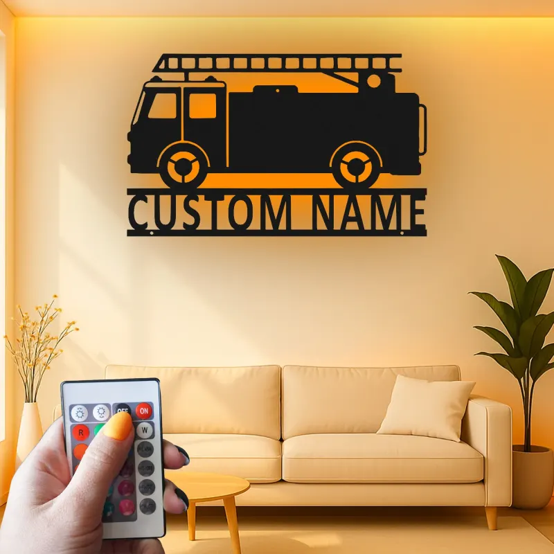 Personalized Fire Truck Metal Sign | LED Light Wall Art | Custom Firefighter Gift | Fire Station Decor