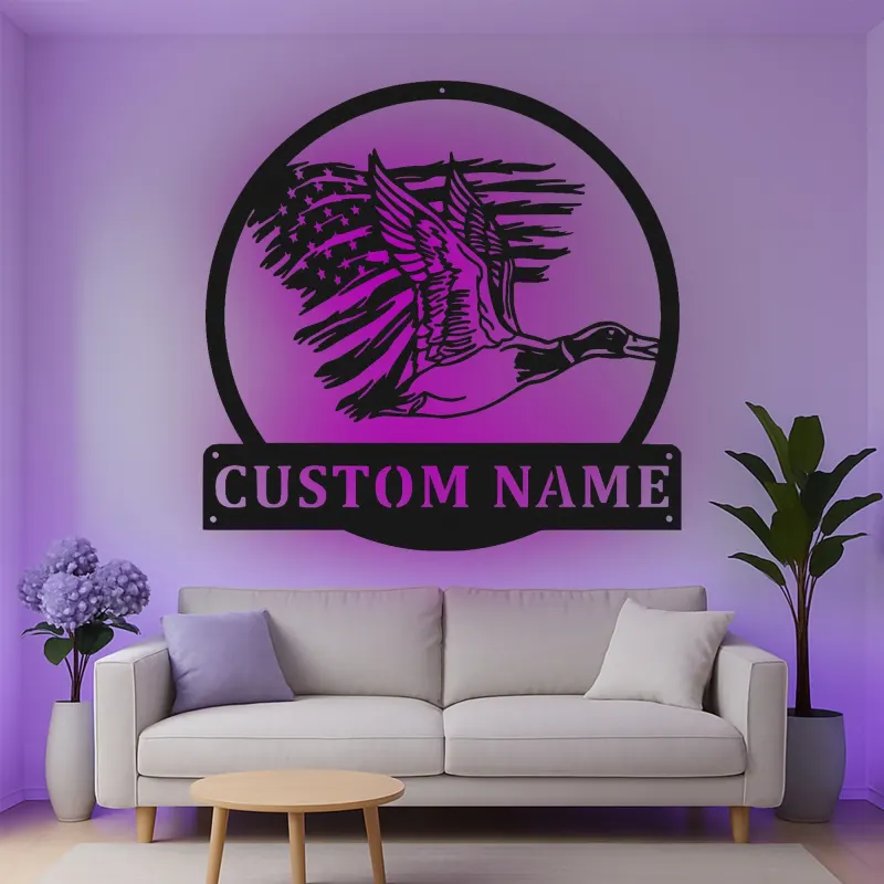 Cartel de metal LED personalizado de pato y bandera americana regalo para cazadores decoración de cabaña rústica