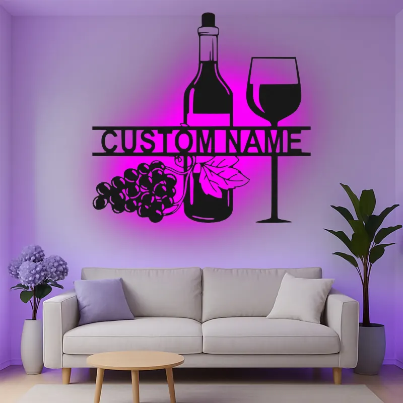 Personalisierte LED-beleuchtete Metall-Wandkunst mit Weinflasche und Glas – Geschenk für Weinliebhaber für Küche oder Bar