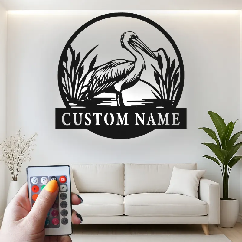 Décoration murale en métal LED personnalisée avec pélican - Cadeau côtier